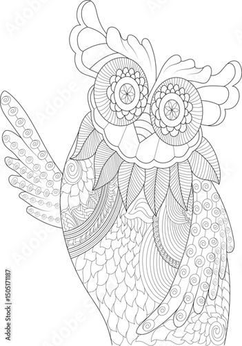 Intricate Doodle Owl Line Art, Detailed black and white line drawing of an owl with elaborate doodle patterns, perfect for adult coloring books, relaxation, or decorative illustration purposes. 