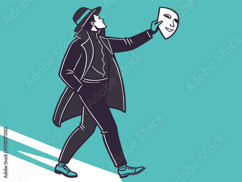 Man walking holding mask concept for identity crisis self image and personal expression illustration art