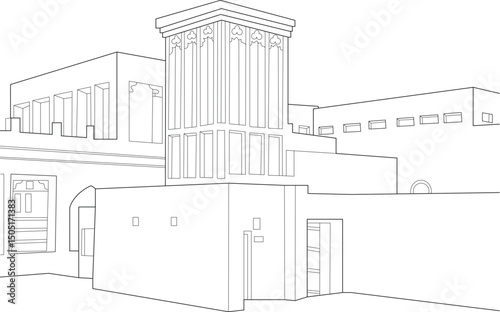 Line Art of Hatta Heritage Village Architecture in Dubai, Detailed line drawing illustration showcasing traditional architecture and a wind tower (Barjeel) at Hatta Heritage Village in Dubai, United 
