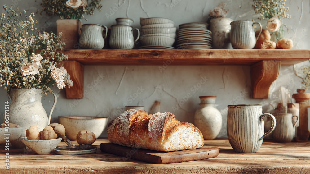 Fototapeta premium Rustic kitchen with open shelves, ceramic mugs, and fresh bread on a wooden table