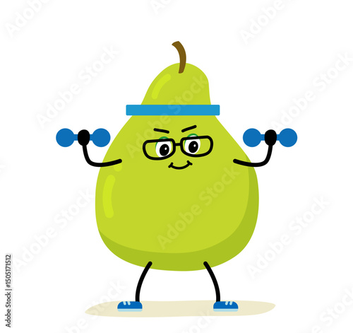 A cute, strong pear. The concept of classes in the gym with the image of pear, health, fitness. Vector illustration in flat style..