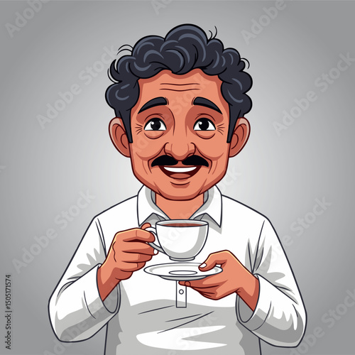 Smiling Indian Man Drinking Tea Coffee Cup Chai Cartoon Vector