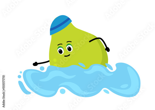 Cute pear. pear swimming. The concept of health, fitness, cartoon. Vector illustration in flat style.