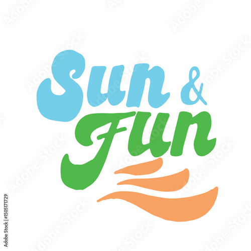  Sun Fun text design in blue, green and orange colors. vector lettering with dynamic wave-like elements. for use in advertising materials, postcards, posters, banners