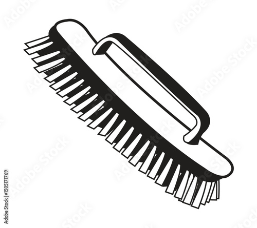 Black and white illustration of a cleaning brush with a handle and bristles
