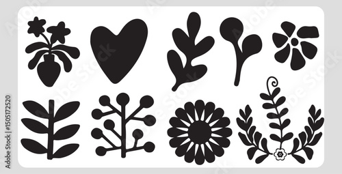 Black and white floral and heart silhouettes design elements