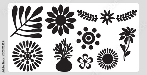 Black and white floral and heart silhouettes design elements