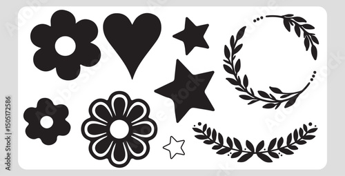 Black and white floral and heart silhouettes design elements