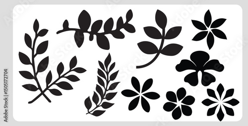 Black and white floral and heart silhouettes design elements
