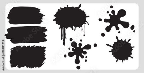 Black ink splatter paint brush stroke design elements