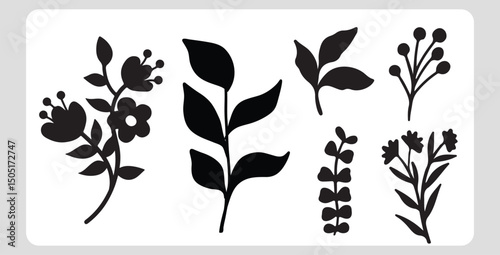 Black and white floral and heart silhouettes design elements