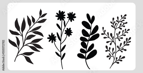 Black and white floral and heart silhouettes design elements