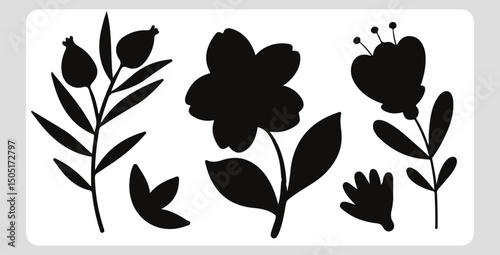 Black and white floral and heart silhouettes design elements