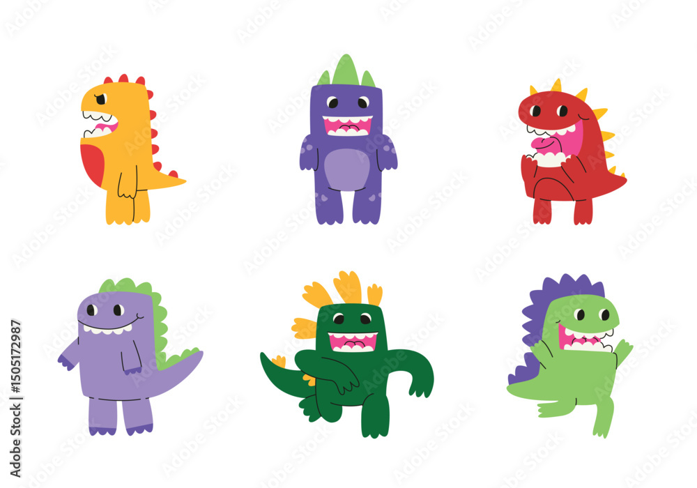Obraz premium Set of different funny dinosaurs. Characters in linear flat style.