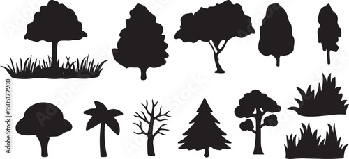 Collection of black silhouettes various trees and grass