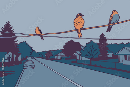 Three birds perched on a power line overlooking a suburban street scene at dusk. generative AI