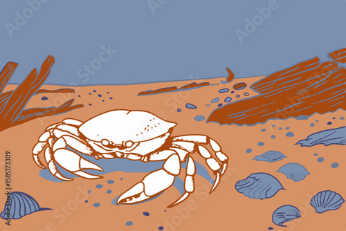 A crab illustrated gracefully depicted in its natural habitat, on the sandy shore with a serene ocean background. This art captures the natural beauty. generative AI