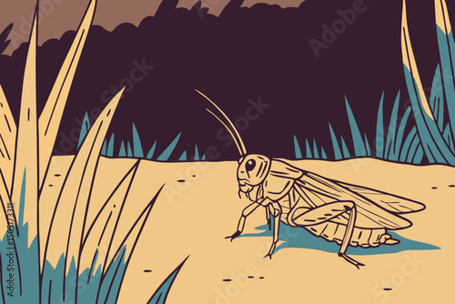 A detailed illustration depicts a lone cricket, rendered in a unique artistic style, navigating its environment with resilience and adaptation. generative AI