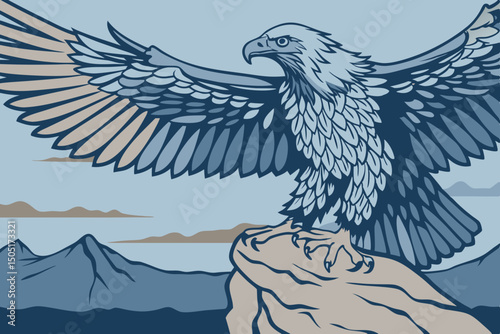 Majestic eagle soaring above mountain peaks, wings outstretched, embodying freedom and power in this blue illustration. generative AI