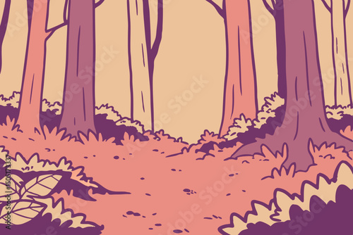 An illustrated view inside forest, evoking a sense of tranquility and adventure. Witness a cartoon illustration of the forest floor, ready for your stories. generative AI