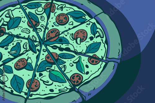 An artistic close-up captures a gourmet pizza artfully sliced and garnished with fresh ingredients, appealing aesthetic. generative AI