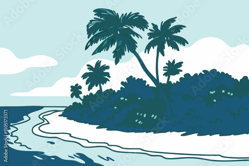 A tropical island paradise scene showcases a tranquil beach with palm trees and gentle waves, rendered in a delightful and inviting art style. generative AI