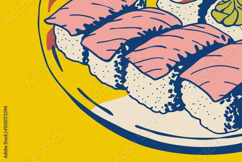 A close-up shot of sushi, arranged on a plate, revealing its texture and freshness. Capturing the colorful details and savory essence of the food. generative AI