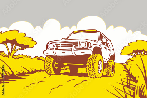 An illustrated off-road vehicle navigating a rugged, untamed landscape, embodying a spirit of adventure and exploration. generative AI