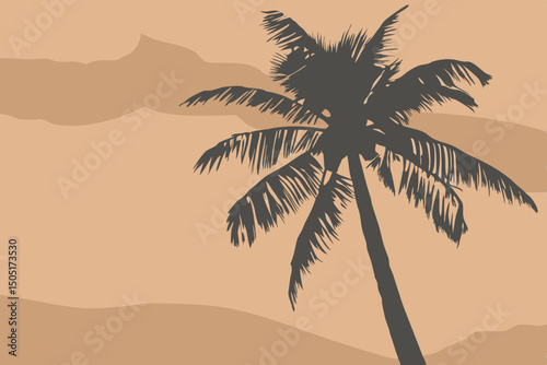 A lone palm tree stands silhouetted against a desert landscape, evoking a sense of tranquility and adventure. The composition is simple yet striking. generative AI