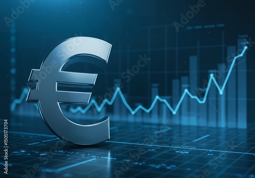 Euro symbol with upward financial chart on blue background