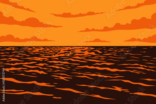 A vibrant sunset paints the ocean with fiery hues, creating a dramatic sky reflection on the rippling water's surface. generative AI