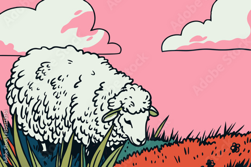A fluffy white sheep peacefully grazes in a vibrant meadow under a pastel pink sky. The illustration evokes a sense of tranquility and rural charm. generative AI