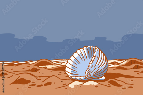 A solitary seashell rests on the sandy shore under a serene sky, a simple yet evocative illustration of coastal tranquility. generative AI