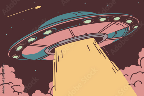 A retro-futuristic illustration of a UFO descends from the night sky, projecting a beam of light below. generative AI