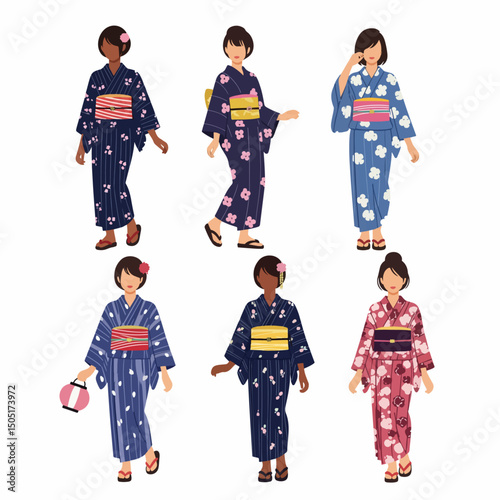 Women in yukata kimono, japanese tradition