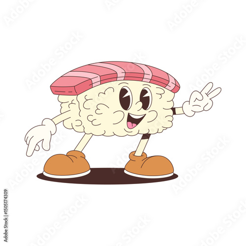 Smiling sushi mascot character in cartoon style, ideal for Japanese food promotions, culinary branding, or fun graphics. Suitable for various creative needs. Vector illustration.