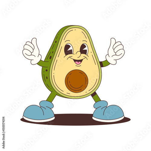 Cheerful avocado mascot character giving thumbs up, wearing blue shoes, perfect for food promotions, health campaigns, and playful branding materials. Vector illustration