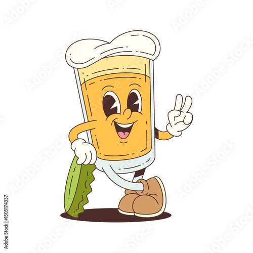 Cheerful beer glass mascot leaning on a large cap with peace sign gesture, perfect for branding, events, packaging, and advertisements. Vector mascot illustration