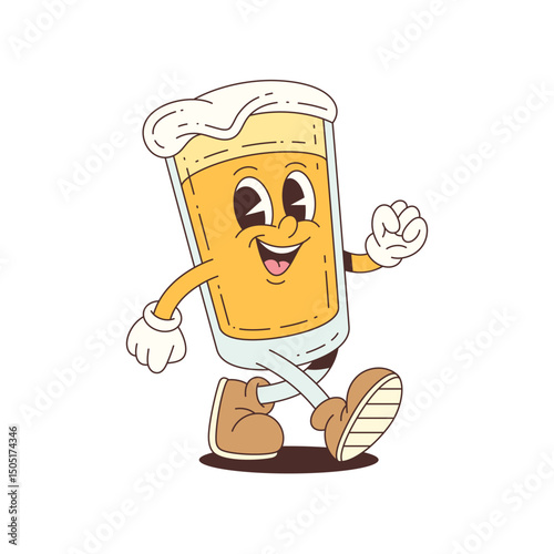 Energetic beer mascot with foamy top walking in dynamic cartoon style, ideal for party designs, promotions, and branding. Vector mascot illustration.