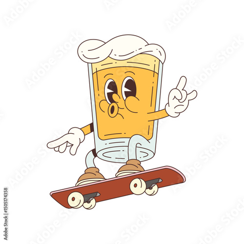 Happy beer mascot character riding a skateboard with frothy top and waving hand, ideal for parties, advertising, and events. Vector mascot illustration.