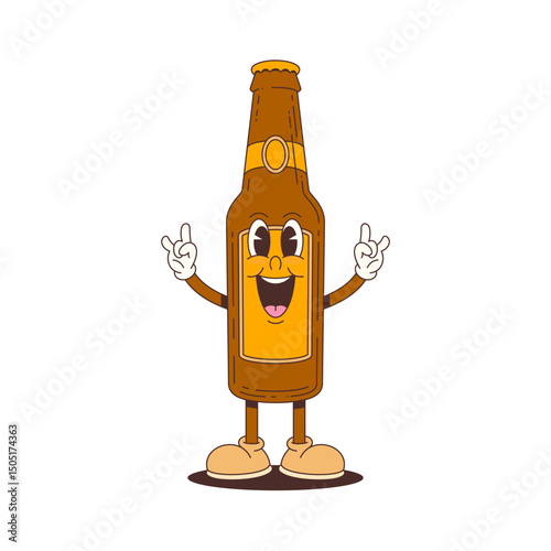 Animated beer bottle mascot with friendly smile and waving gesture, ideal for advertising, branding, packaging, and events. Perfect for creative use. Vector mascot illustration
