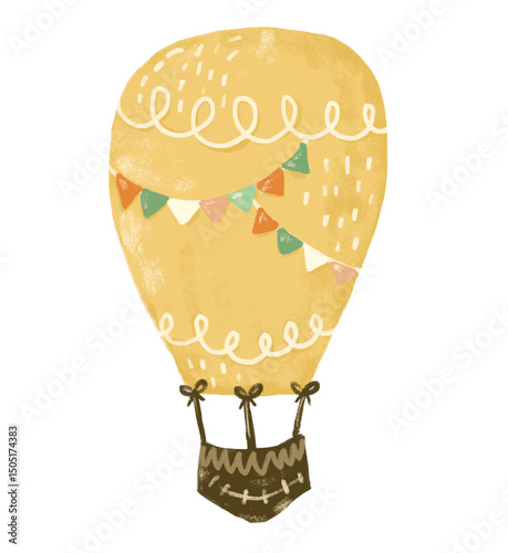 Cute yellow brown boho bohemian pastel color scandinavian nordic hot air balloons with bunting flag doodle kids crayon watercolor illustration air transportation design clipart png sticker