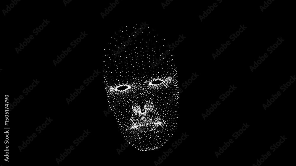 A lone male face built from shimmering points of light speaks in a surreal, futuristic space. Minimal, mysterious, and visually striking — perfect for digital, sci-fi, and conceptual use.