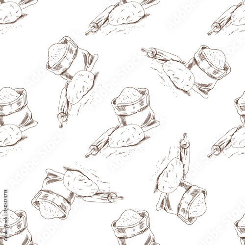 Hand drawn vintage seamless pattern of flour sack with dough and rolling pin in engraving sketch style