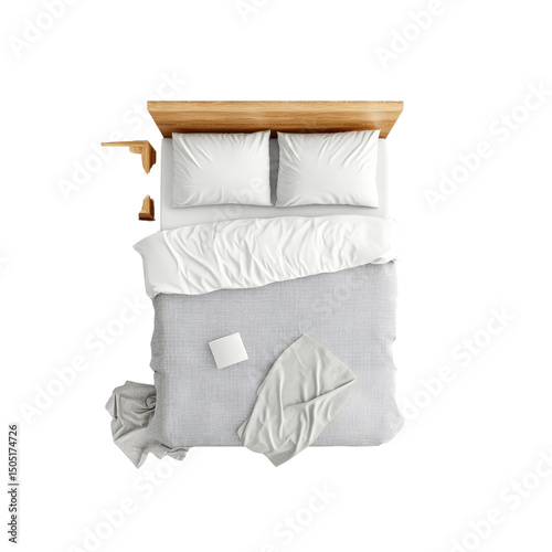 Top View of Made Bed with Wooden Headboard and Side Table