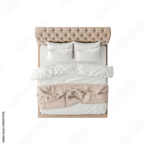 Top View of a Luxurious Beige Upholstered Bed with White Bedding