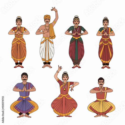 Bharatanatyam dancers in classical poses and traditional attire