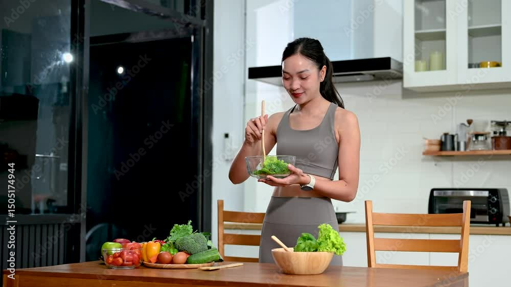 Young Asian woman in activewear preparing salad with fresh veggies in kitchen. Healthy lifestyle, meal prep, diet food, clean eating,