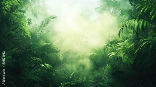 Lush tropical rainforest with mist rising above dense green foliage in soft morning light.