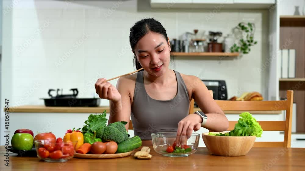 Young Asian woman in activewear preparing salad with fresh veggies in kitchen. Healthy lifestyle, meal prep, diet food, clean eating,